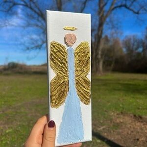 Handcrafted Angel Canvas Art in Gold and Blue